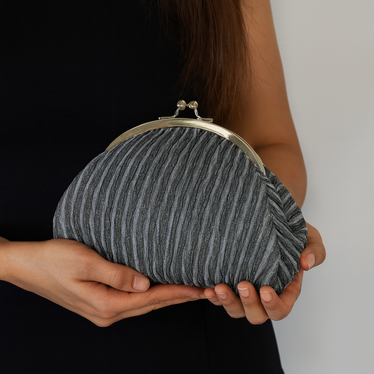 Elegant Black Batua-Style Clutch with Textured Fabric & Gold Kiss-Lock Clasp – Evening & Party Bag