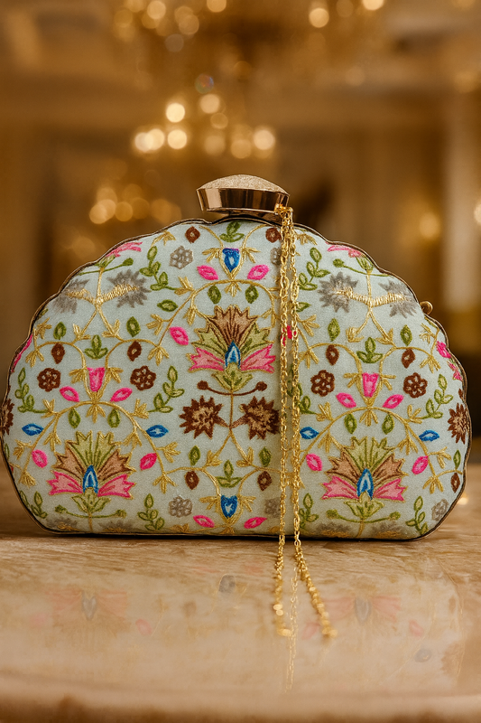 Hand-Embroidered Scallop Floral Clutch with Multicolor Threadwork & Gold Chain – Wedding & Festive Bag