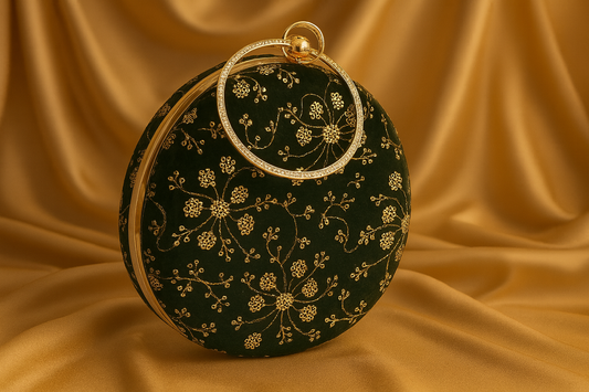 Luxury Black Velvet Round Clutch with Golden Embroidery & Ring Handle – Party & Wedding Bag