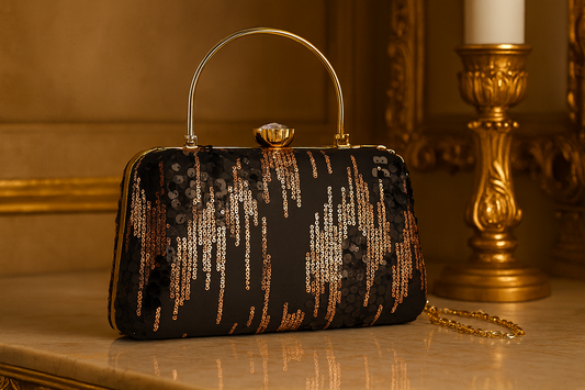 Elegant Black and Gold Sequin Clutch with Metal Handle & Chain Strap – Party & Evening Bag