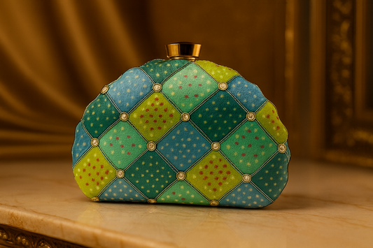 Ikat-Inspired Geometric Scallop Clutch in Green & Blue with Gold Accents – Evening & Festive Bag