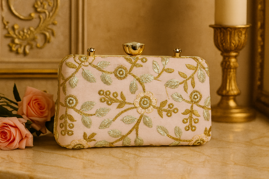 Blush Pink Clutch with Gold Floral Embroidery – Wedding & Party Handbag