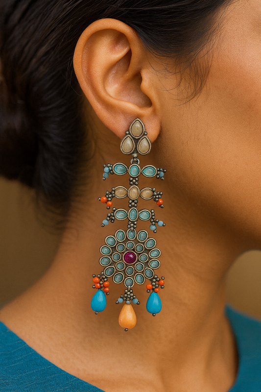 Oxidised Floral Chandelier Earrings