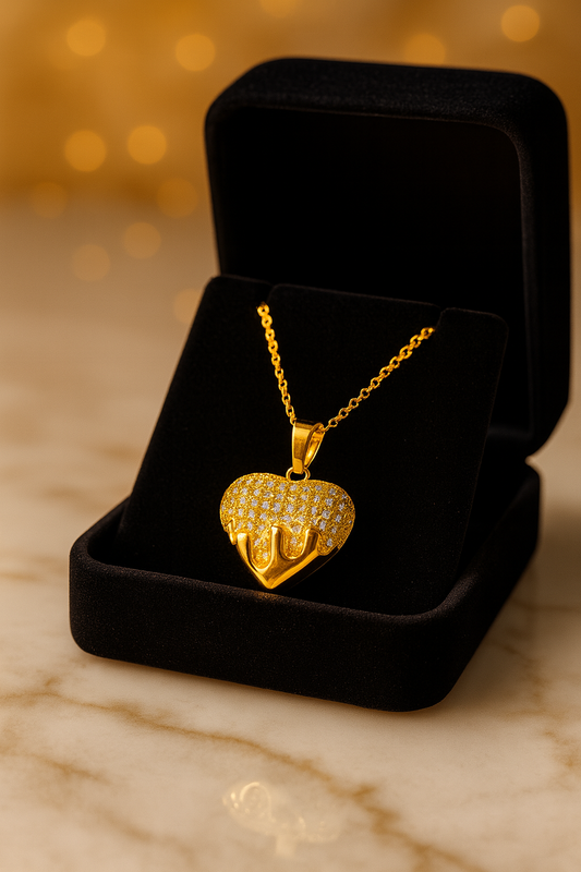 Gold Plated Heart Drip Pendant Necklace with Cubic Zirconia Crystals for Women