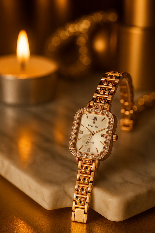 Rose Gold Rectangular Dial Bracelet Watch with Crystal Bezel & Pyramid Strap | Women’s Fashion Wristwatch