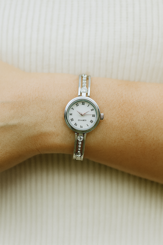 Silver Bracelet Watch with White Roman Dial & Crystal Strap | Elegant Women’s Fashion Wristwatch