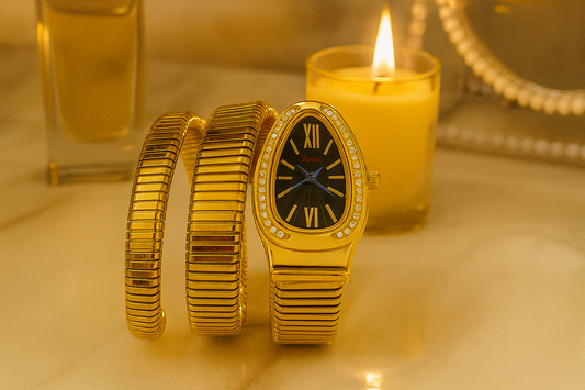 Gold Wrap Bracelet Watch with Black Teardrop Dial & Crystal Bezel | Women’s Fashion Wristwatch