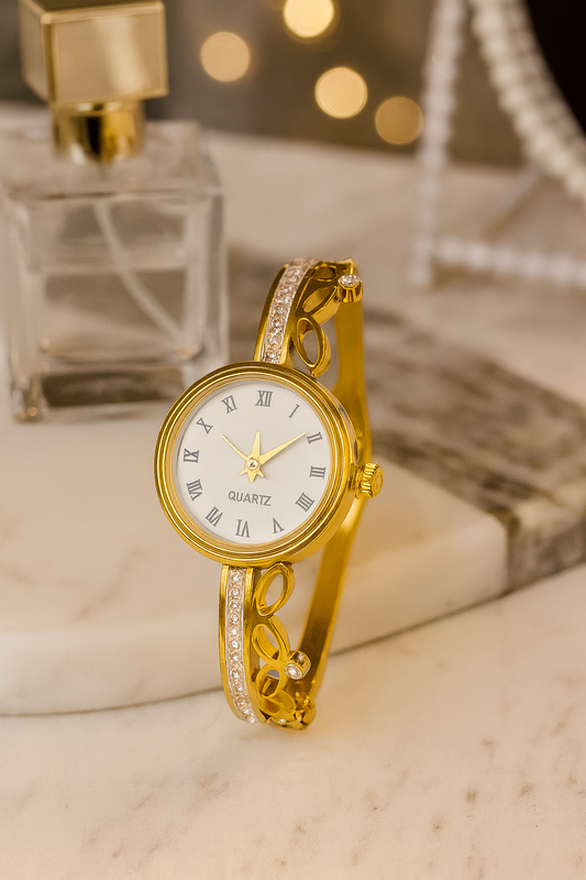 Gold Crown Bracelet Watch with White Roman Dial & Crystal Strap | Women’s Wristwatch