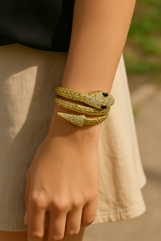 Crystal-Studded Gold Serpent Bracelet