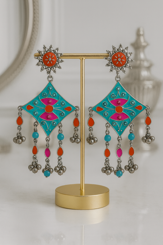 Oxidised Turquoise Geometric Dangle Earrings for Women