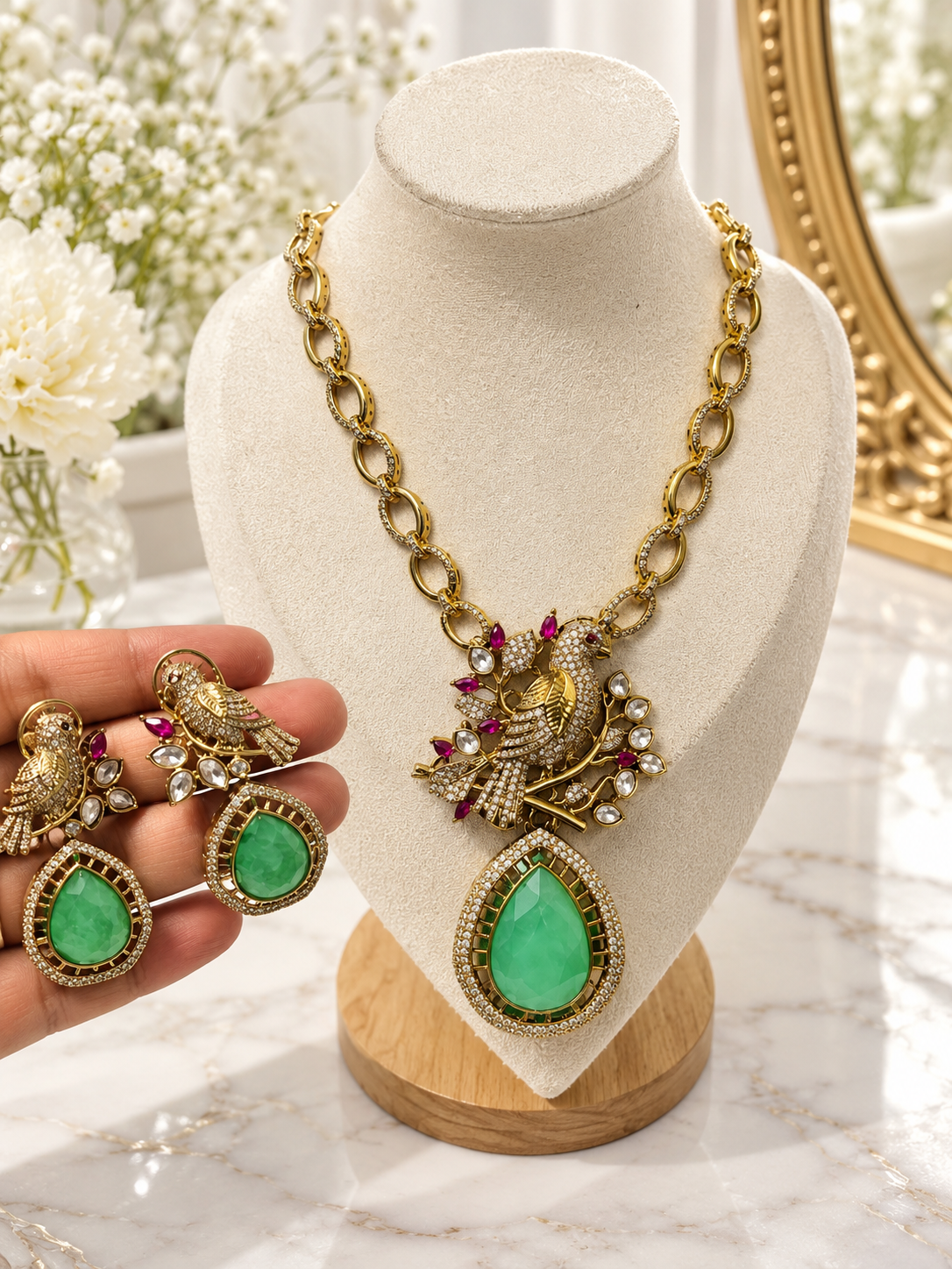 Green Stone Bird Necklace Set