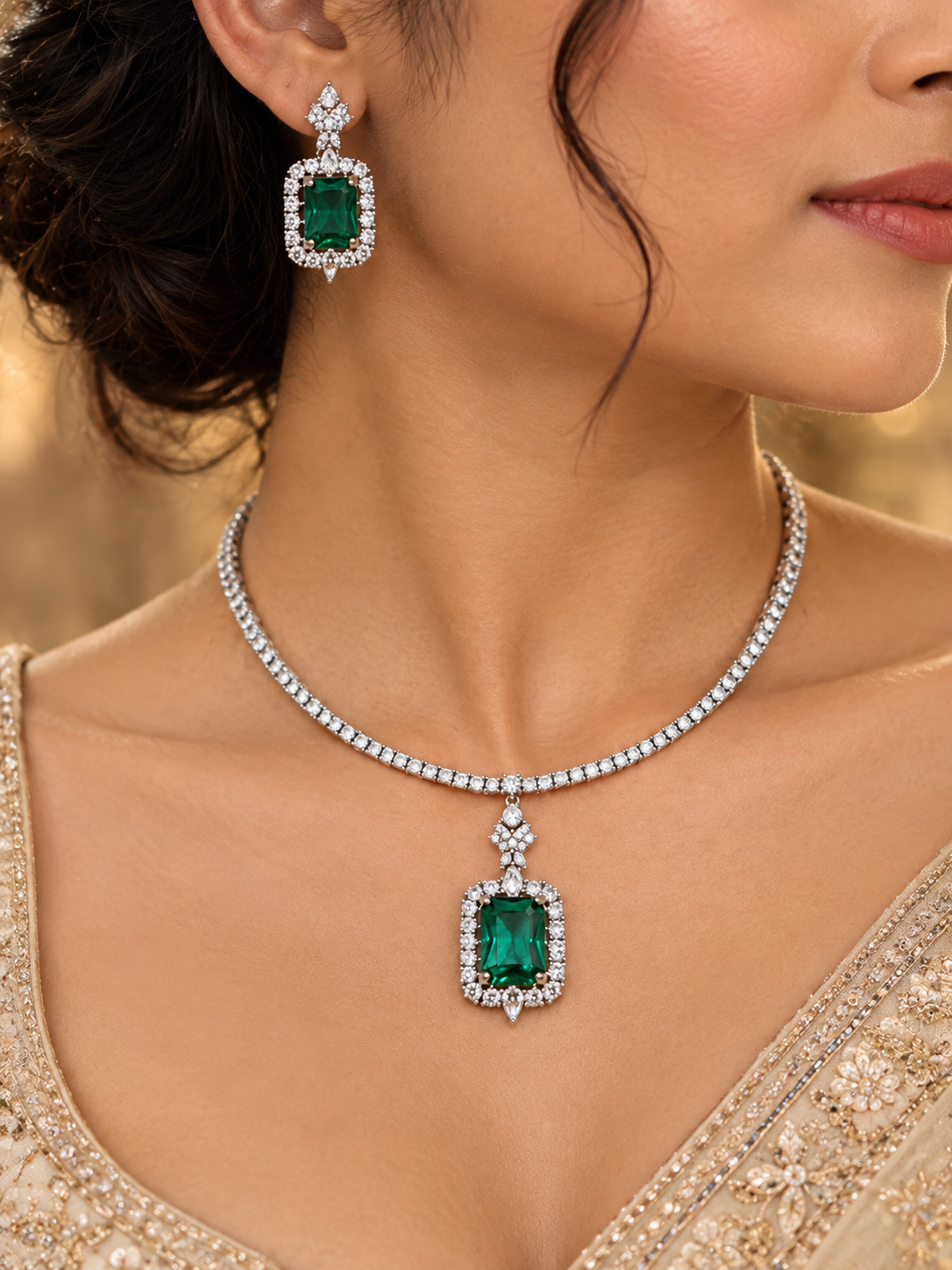Emerald Halo Pendant Necklace Set