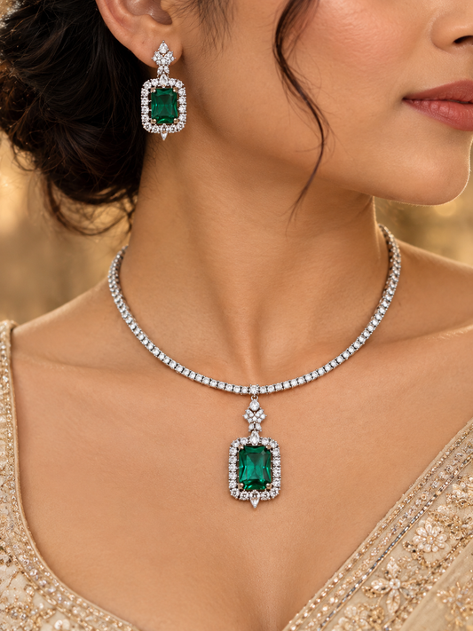 Emerald Halo Pendant Necklace Set