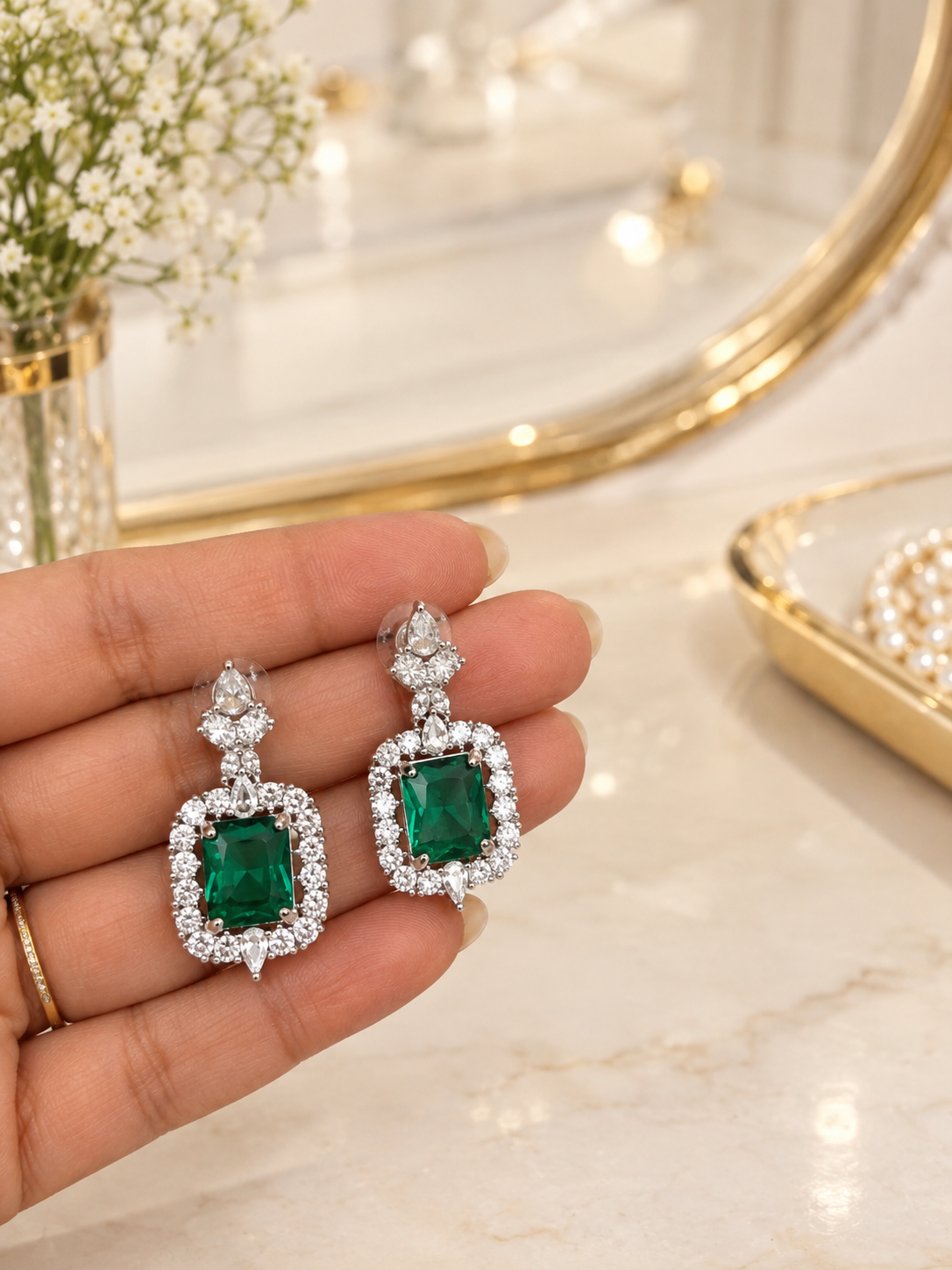 Emerald Halo Pendant Necklace Set