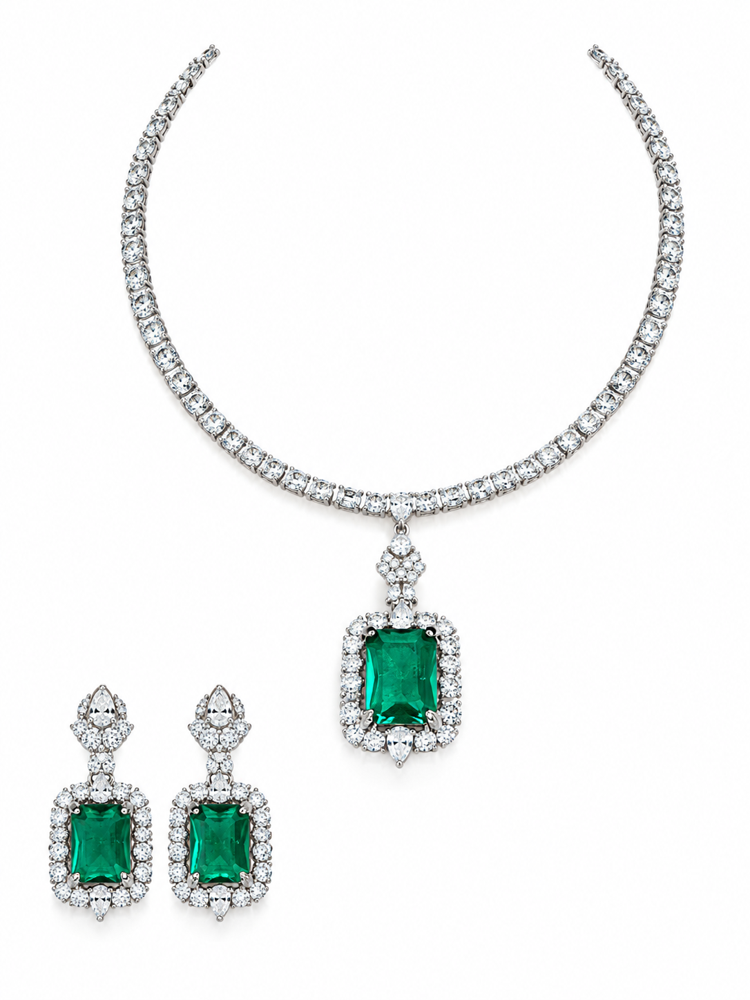 Emerald Halo Pendant Necklace Set