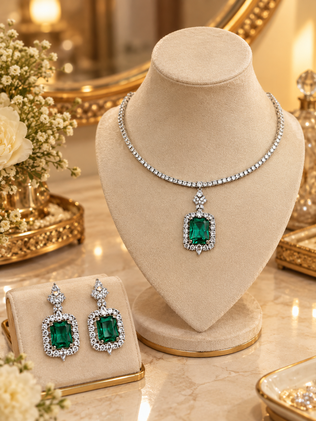 Emerald Halo Pendant Necklace Set