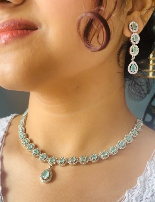 Mint Green Elegant American Diamond Jewelry Set – Luxury Necklace & Earrings for Weddings