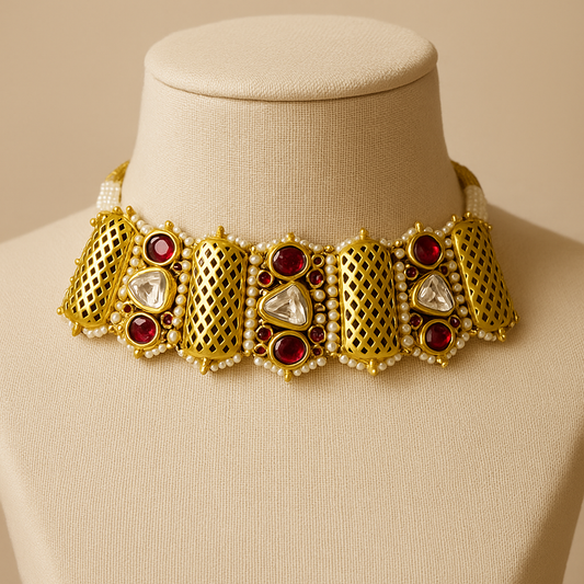 Gold Kundan Necklace Set with Red Stones & Earrings - Pearl Accents