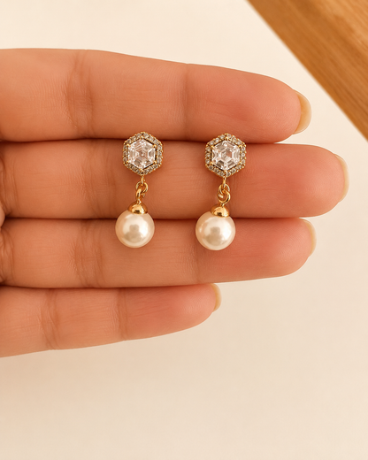 Hexagon Pearl Drop Earrings