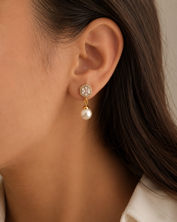 Hexagon Pearl Drop Earrings