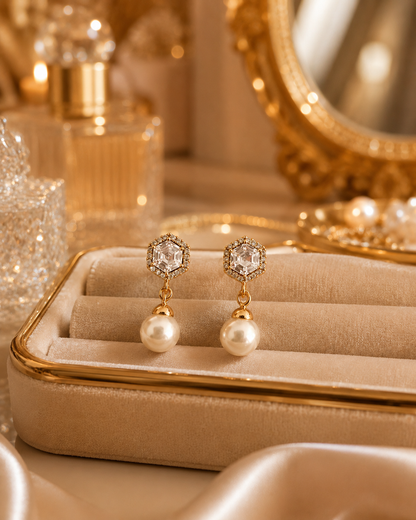 Hexagon Pearl Drop Earrings