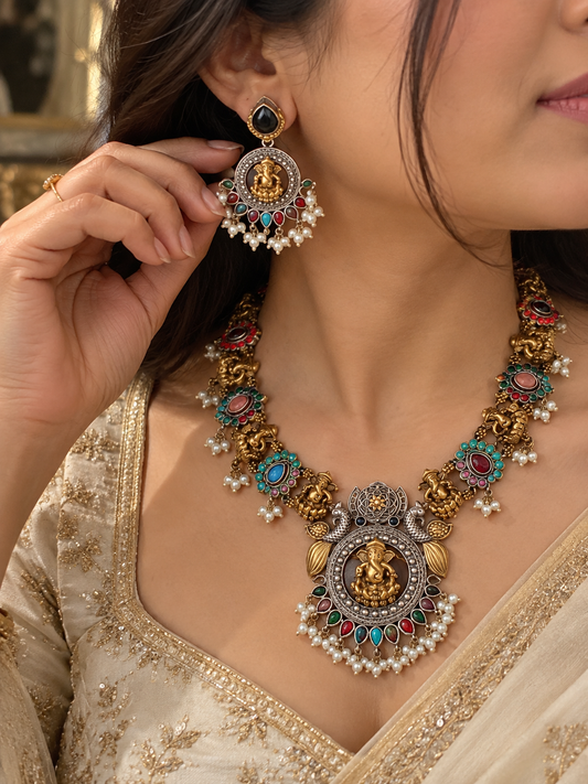Temple Design Oxidised Necklace Set