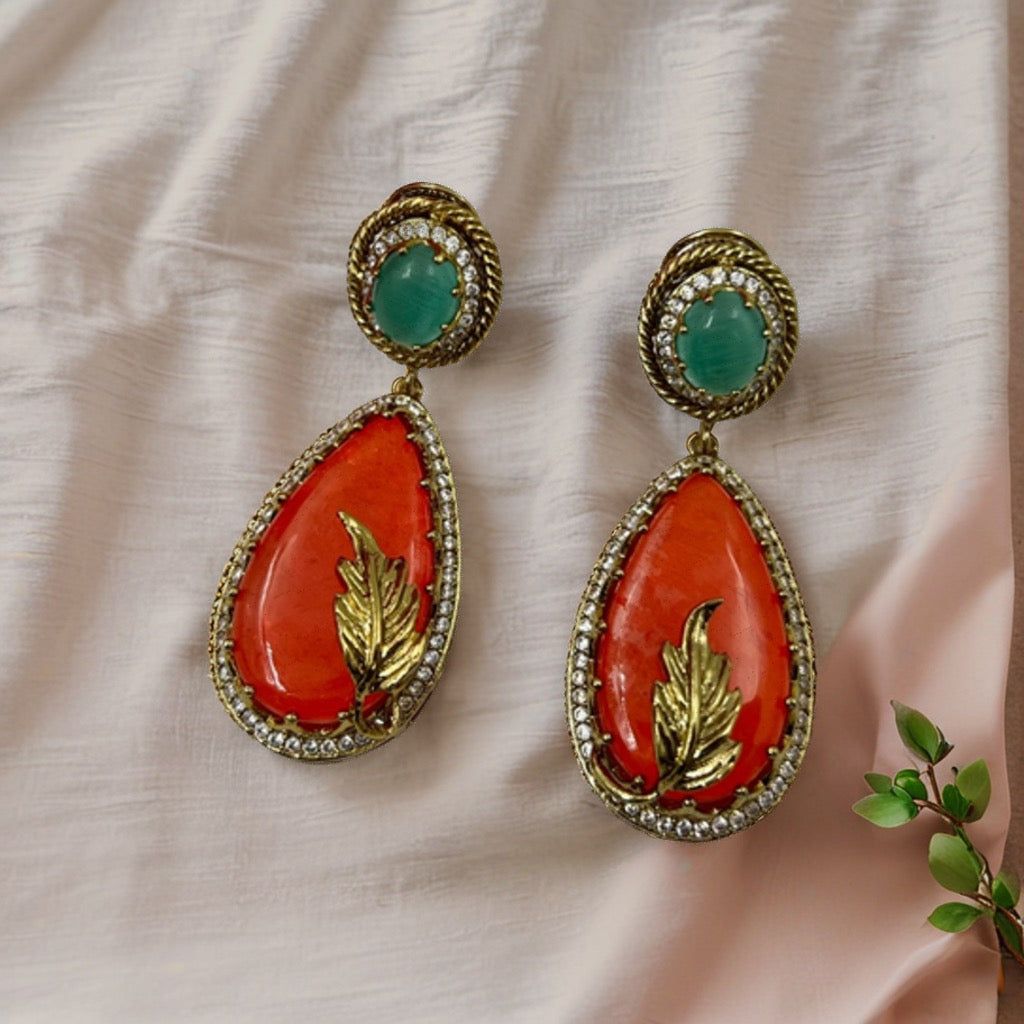 Orange Green Statement Earrings