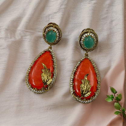 Orange Green Statement Earrings