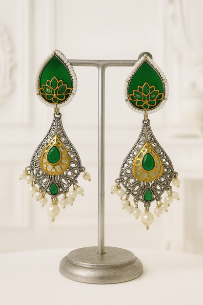 Kundan Teardrop Dangle Earrings with Pearls - Green Enamel Work