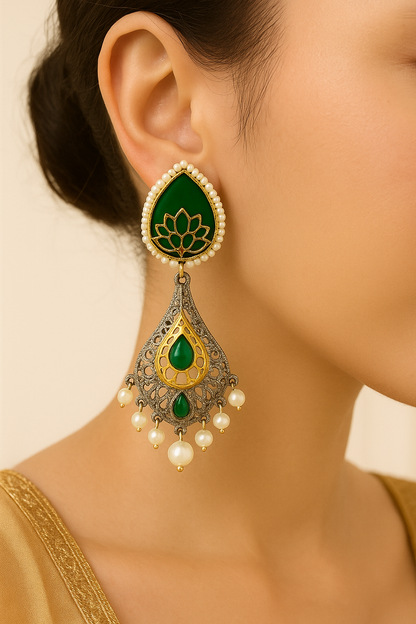 Kundan Teardrop Dangle Earrings with Pearls - Green Enamel Work