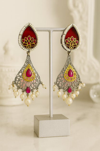 Kundan Teardrop Dangle Earrings with Pearls - Red & Pink Enamel Work