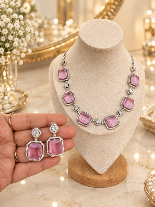 Pink Stone Halo Necklace Set