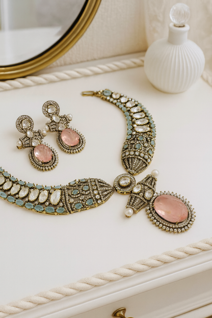 Mossanaite Crystal Necklace Set with Earrings - Pink Stone & Green Accents