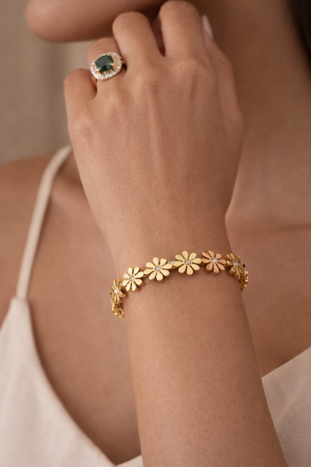 Gold Plated Floral Bracelet with Crystal Accents for Women | Anti-Tarnish Elegant Fashion Jewelry