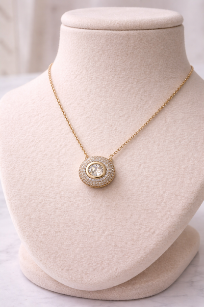 Gold Plated Halo Cubic Zirconia Pendant Necklace for Women