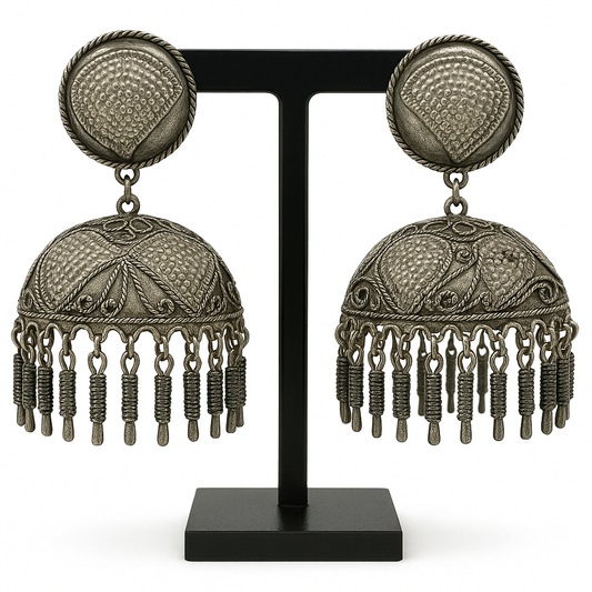 Traditional Oxidised Silver Jhumka Earrings with Dome Design & Dangling Beads – Ethnic Party Jewelry