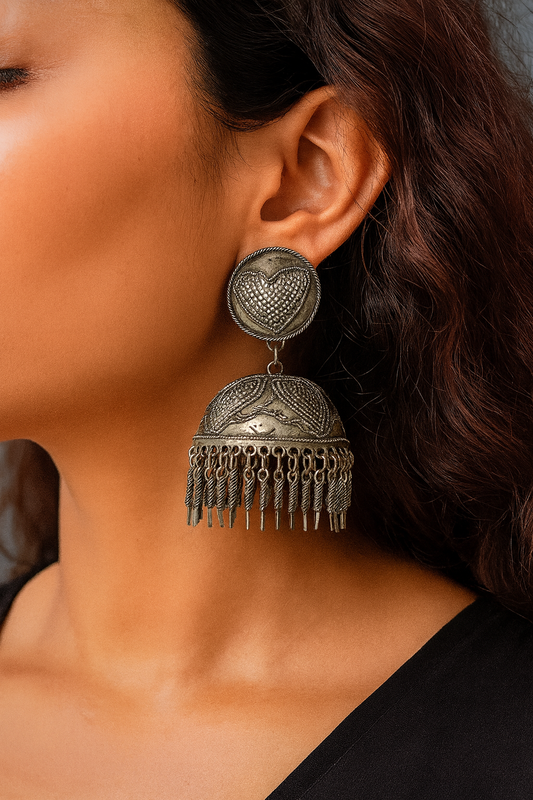 Traditional Oxidised Silver Jhumka Earrings with Dome Design & Dangling Beads – Ethnic Party Jewelry