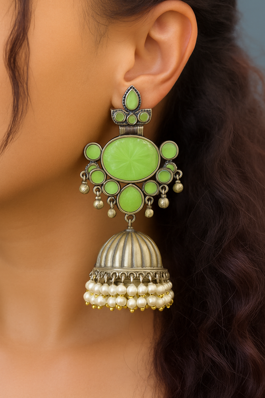 Oxidised Silver Green Stone Jhumka Earrings with Pearl Danglers – Traditional Ethnic Jewelry