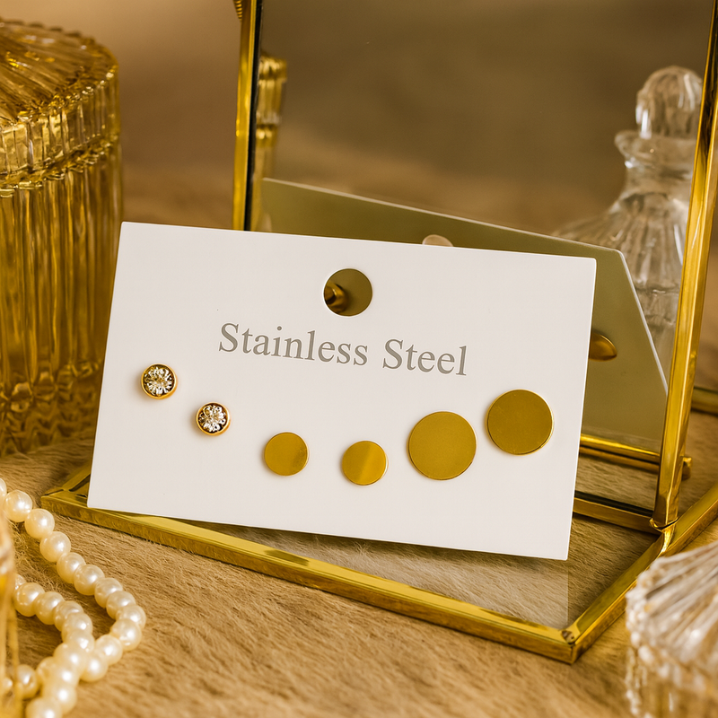 Crystal & Gold Disc Stud Earrings – Set of 3