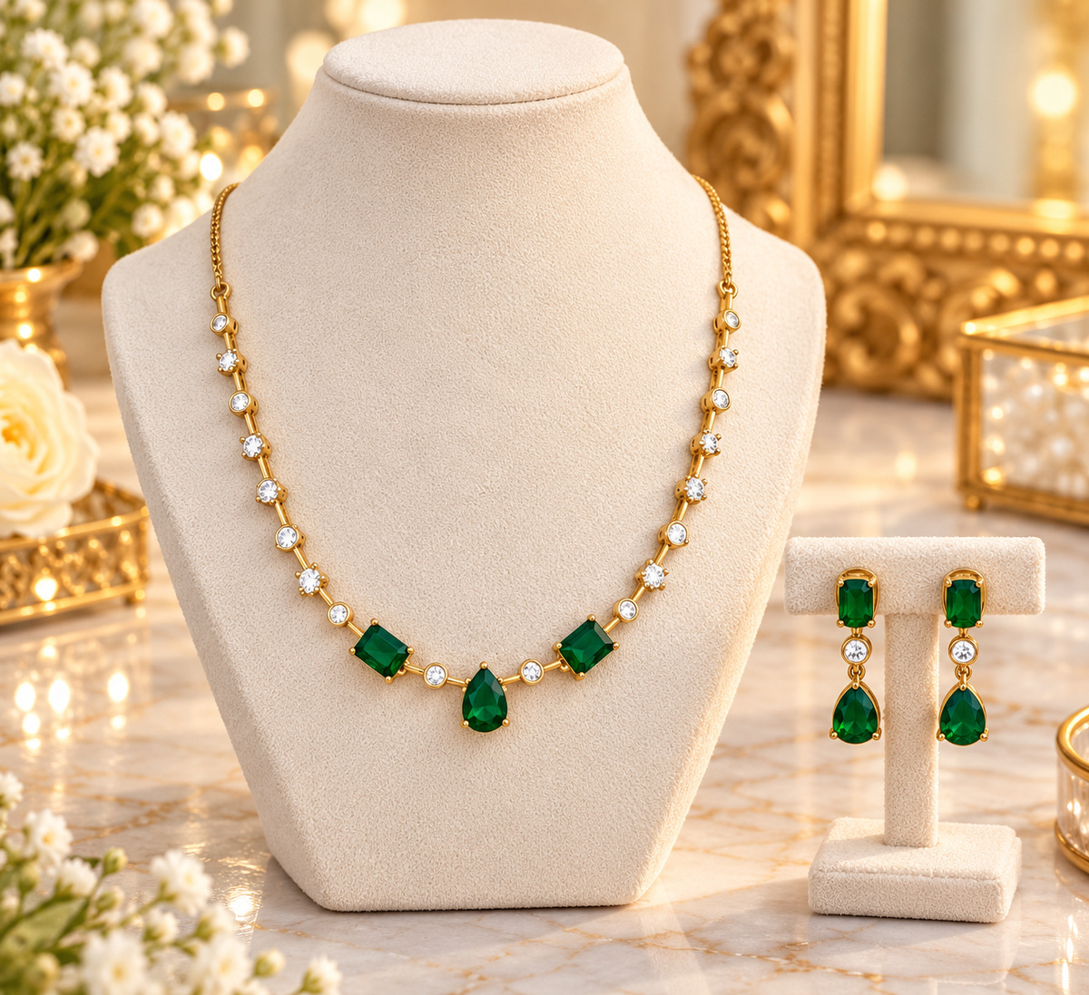 Emerald Drop Chain Necklace Set