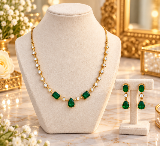Emerald Drop Chain Necklace Set