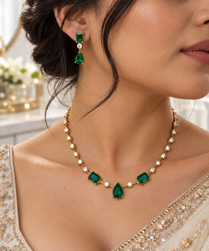 Emerald Drop Chain Necklace Set
