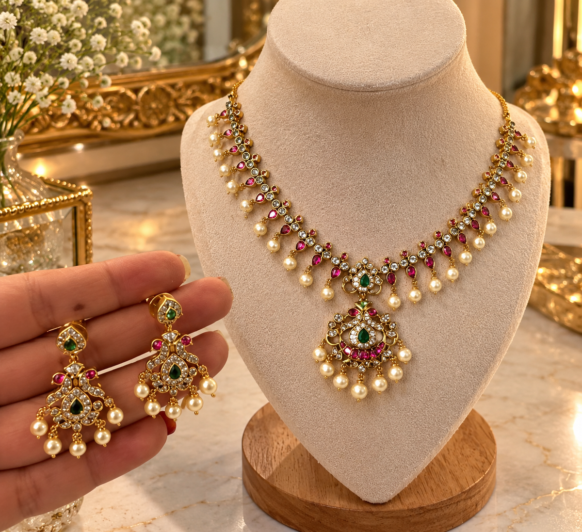 Kundan Pearl Temple Necklace Set