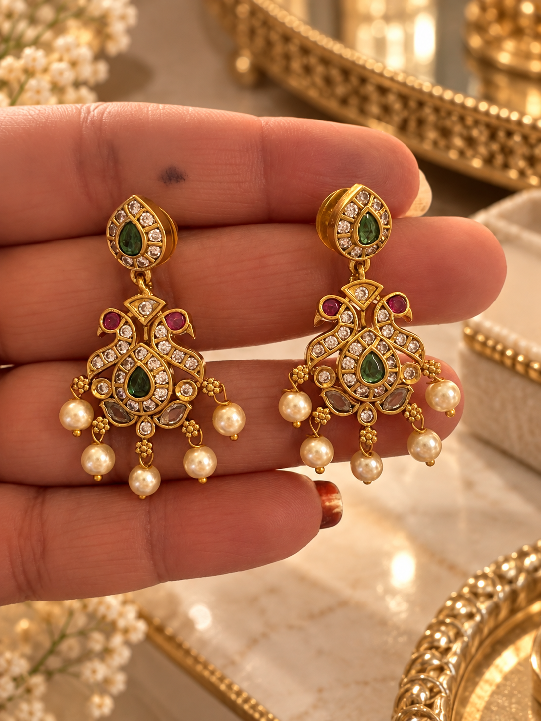 Kundan Pearl Temple Necklace Set