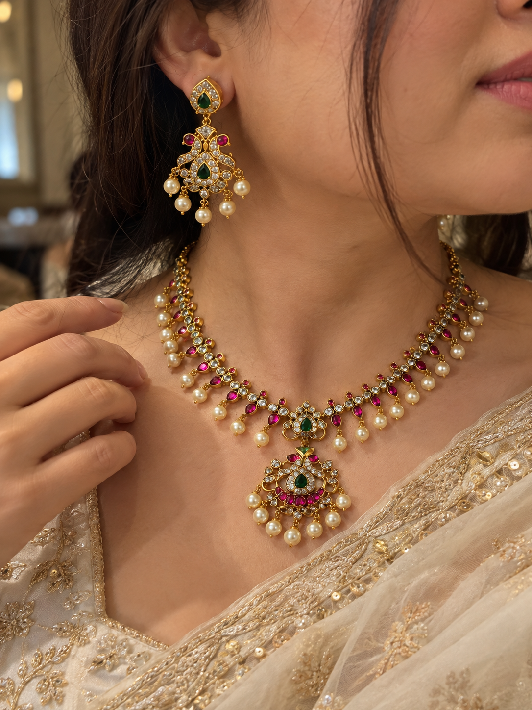 Kundan Pearl Temple Necklace Set