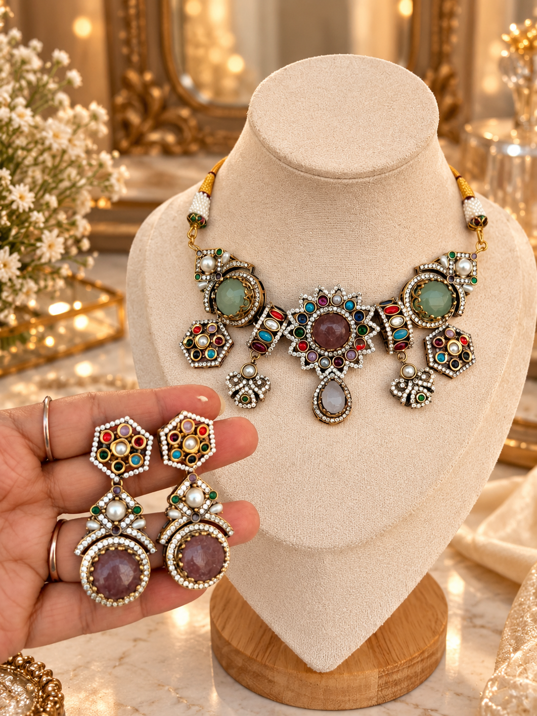 Multicolor Stone Statement Necklace Set