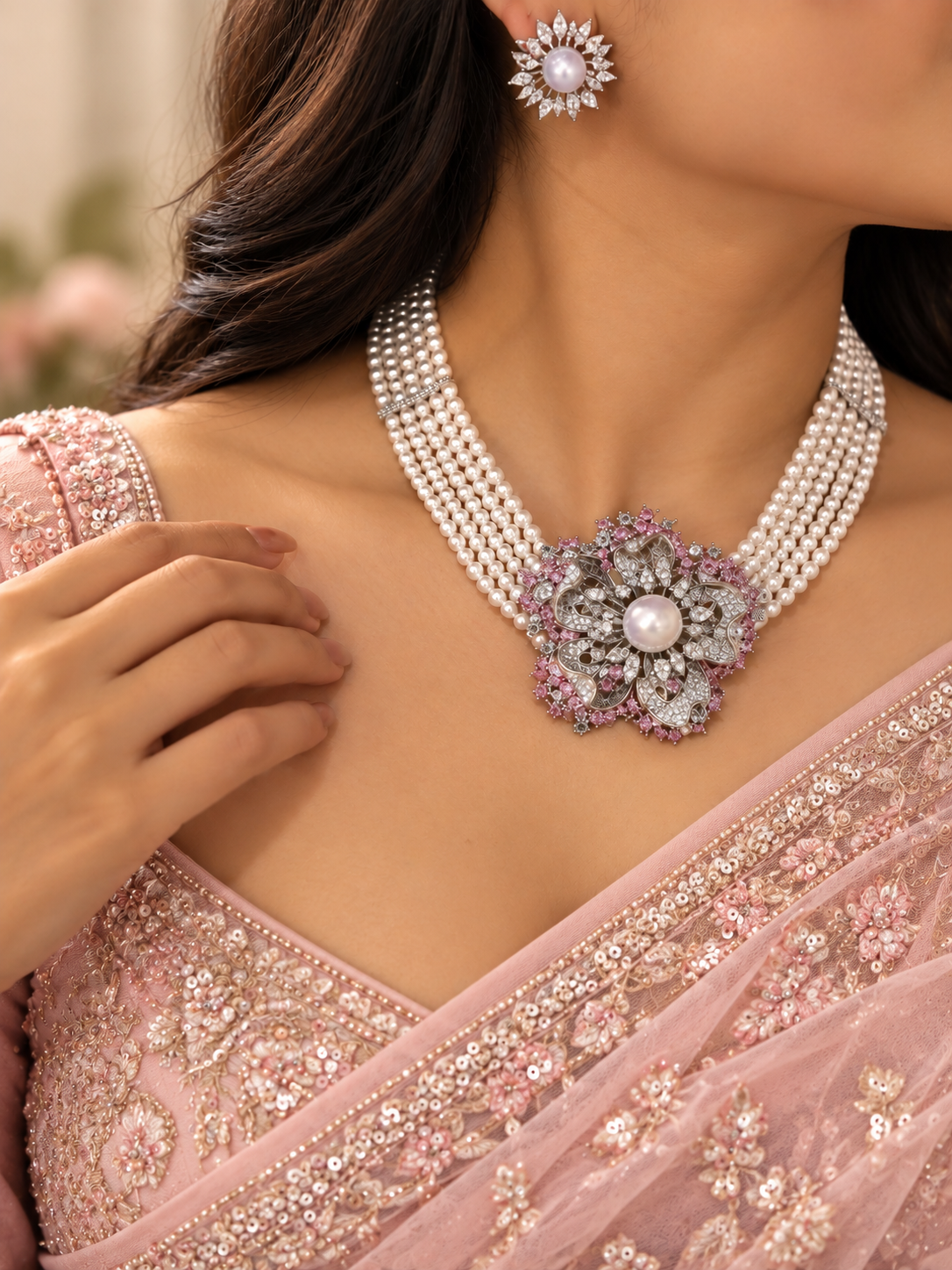 Pearl Floral Pendant Necklace Set