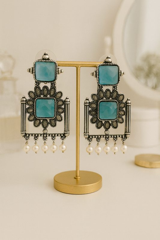 Oxidised Pearl Drop Earrings with Blue Stones for Women & Girls