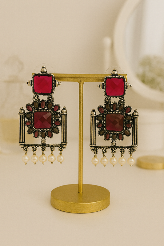 Oxidised Pearl Drop Earrings with Red Stones for Women & Girls