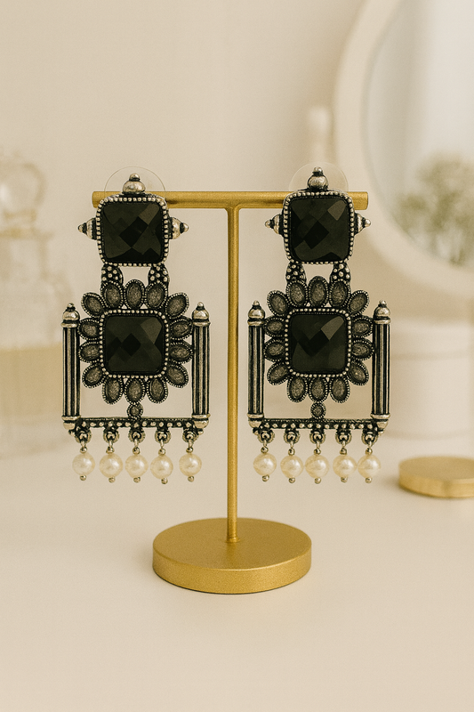 Oxidised Pearl Drop Earrings with Black Stones for Women & Girls